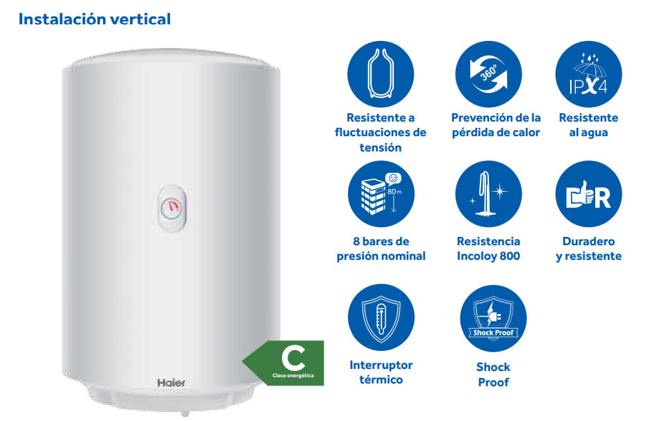 Chauffe-eau électrique vertical 50 L 1500 W Classe C