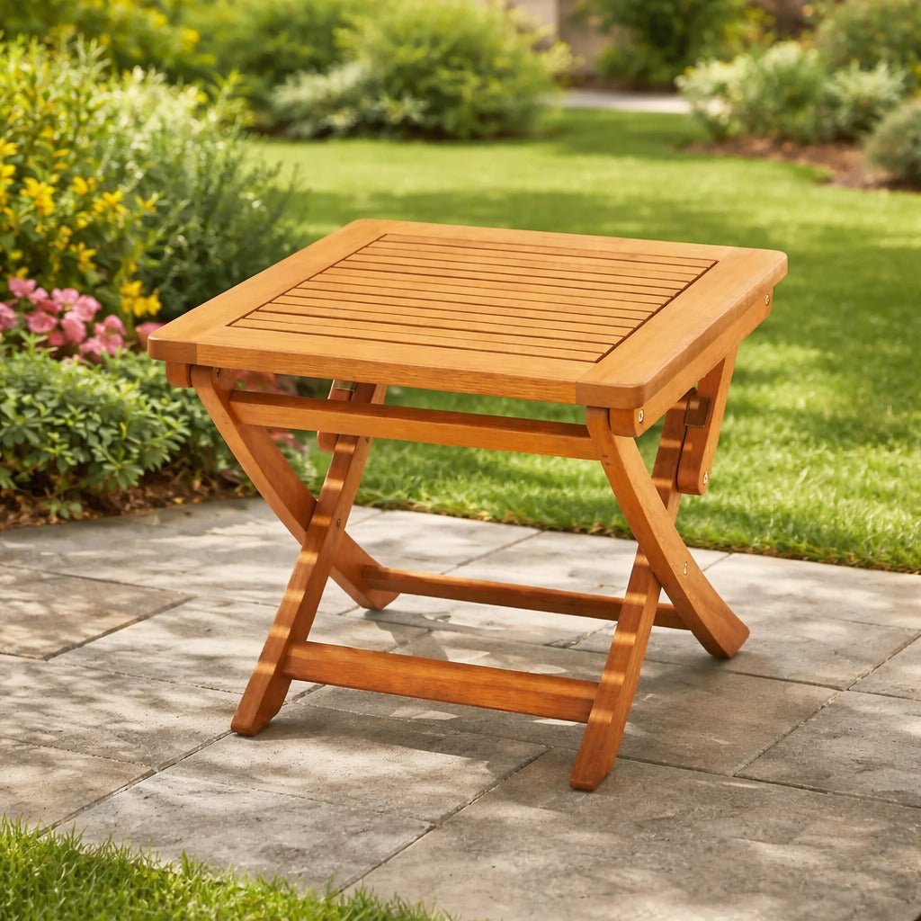 Table d’appoint jardin pliante en eucalyptus résistante extérieur