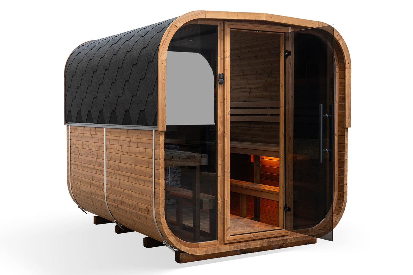 Sauna extérieur 4-6 personnes avec façade vitrée et éclairage LED