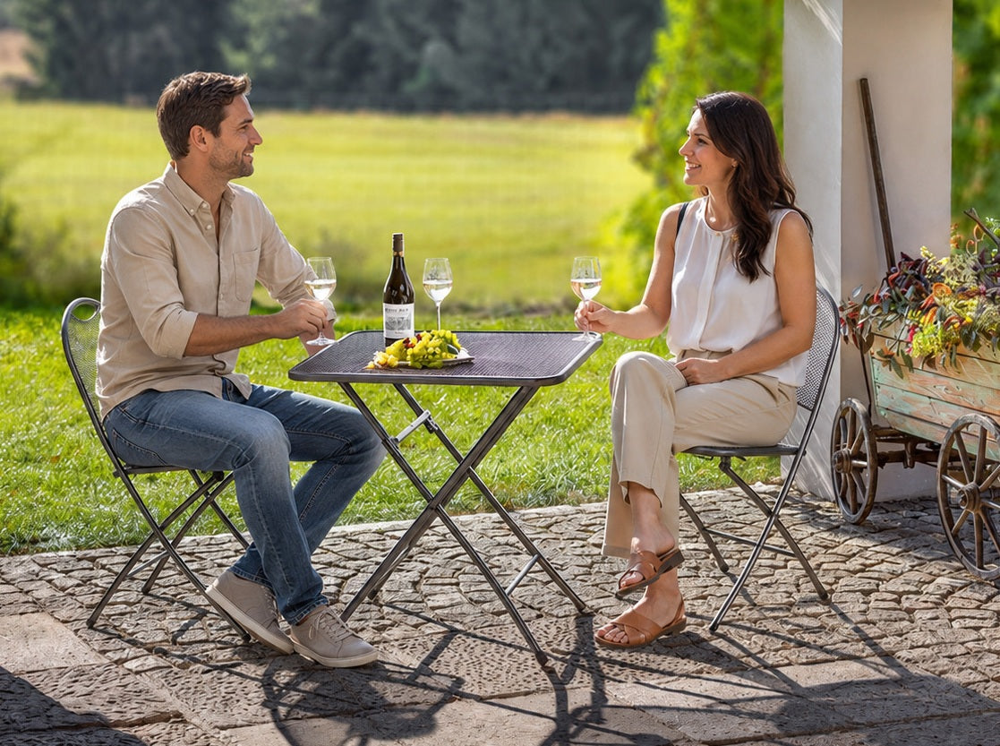 Salon de jardin pliable 2 places, table 70x70 cm et 2 chaises en métal