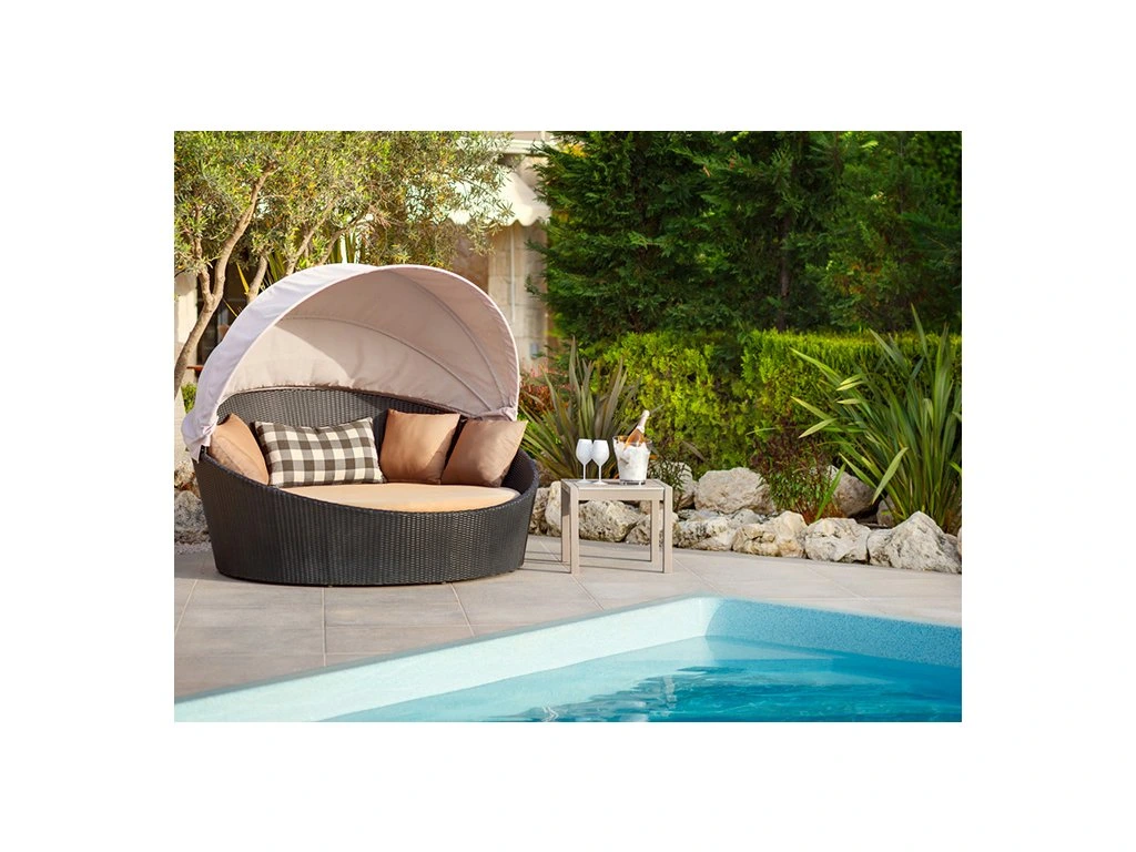 Lit Balinais de Jardin avec Auvent Bain de Soleil Rond en Rotin Ø158 cm