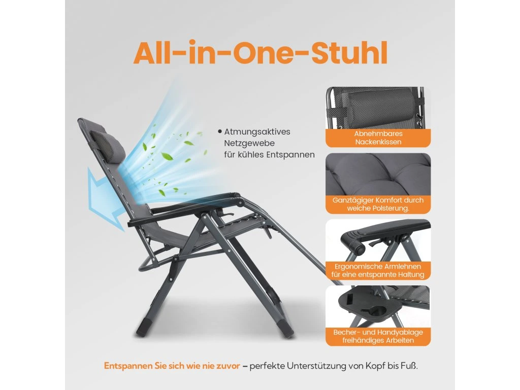 Chaise Zéro Gravité Pliante 180 kg Gris Foncé Jardin Terrasse Camping
