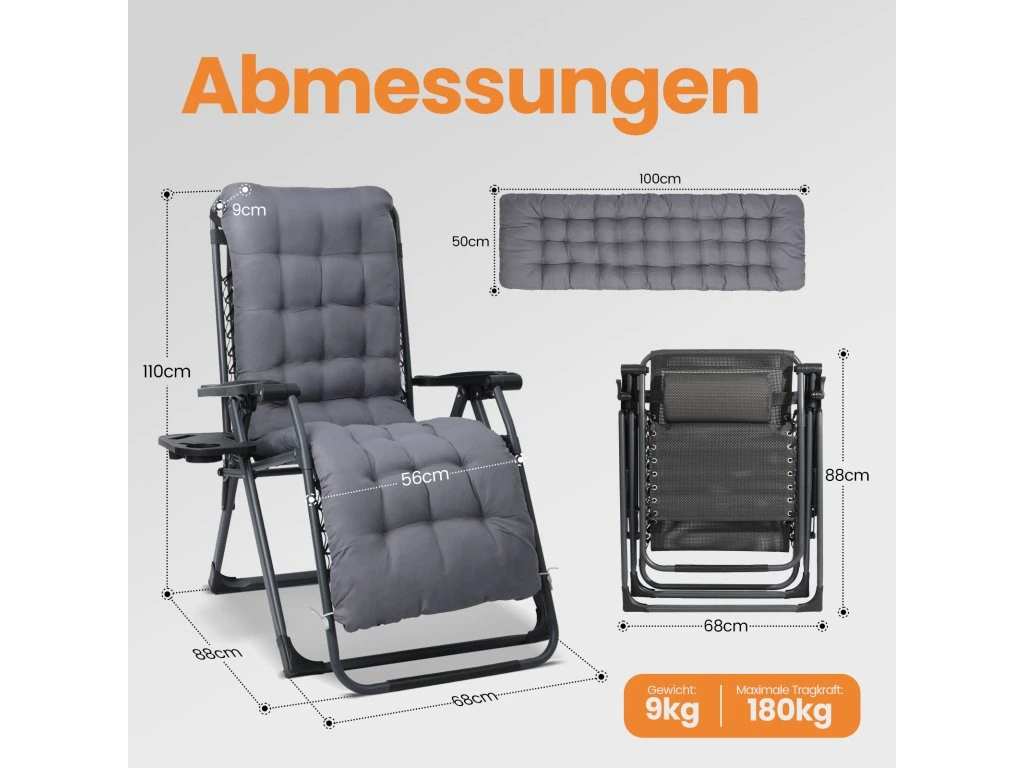 Chaise Zéro Gravité Pliante 180 kg Gris Foncé Jardin Terrasse Camping