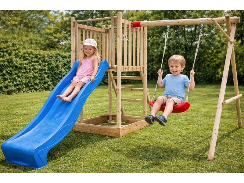 Aire de jeux jardin avec toboggan 2,2m, balançoire enfants