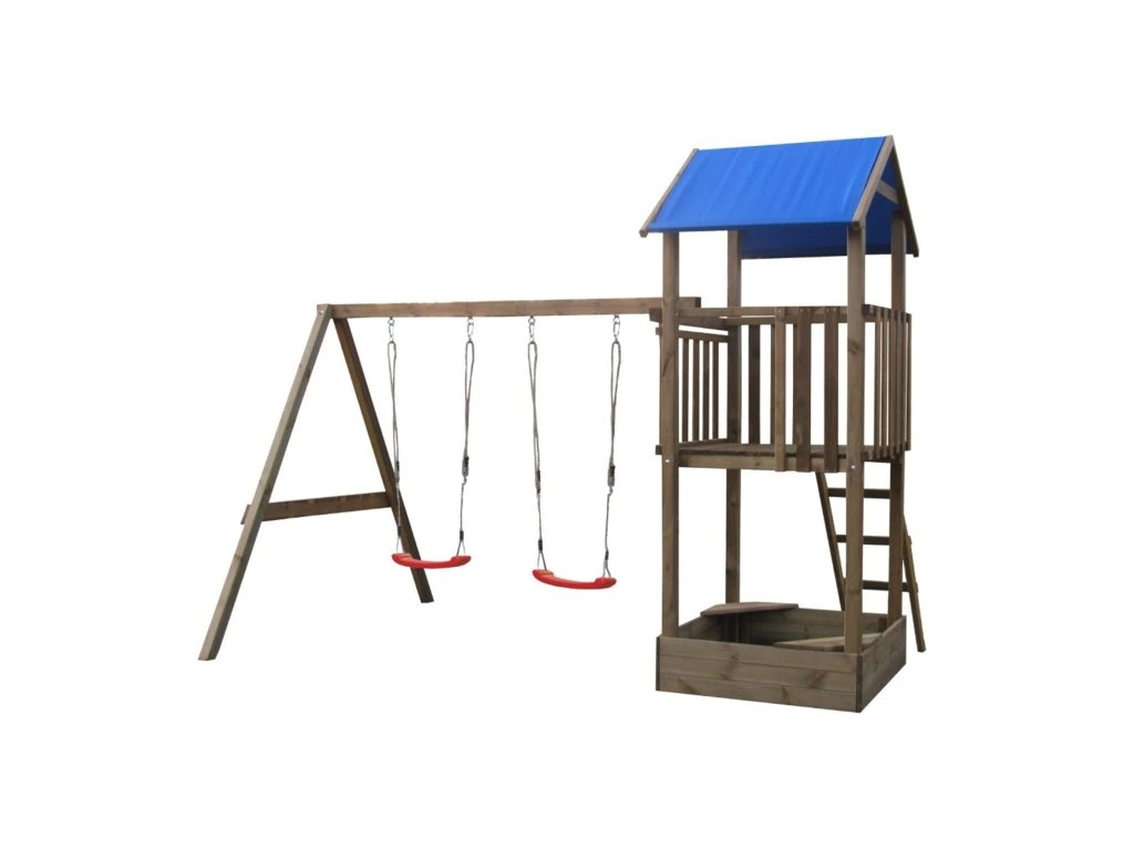 Aire de jeux extérieure avec balançoires et bac à sable pour jardin