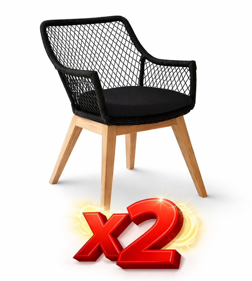 Chaise de jardin extérieur lot de 2 avec coussin noir résistante