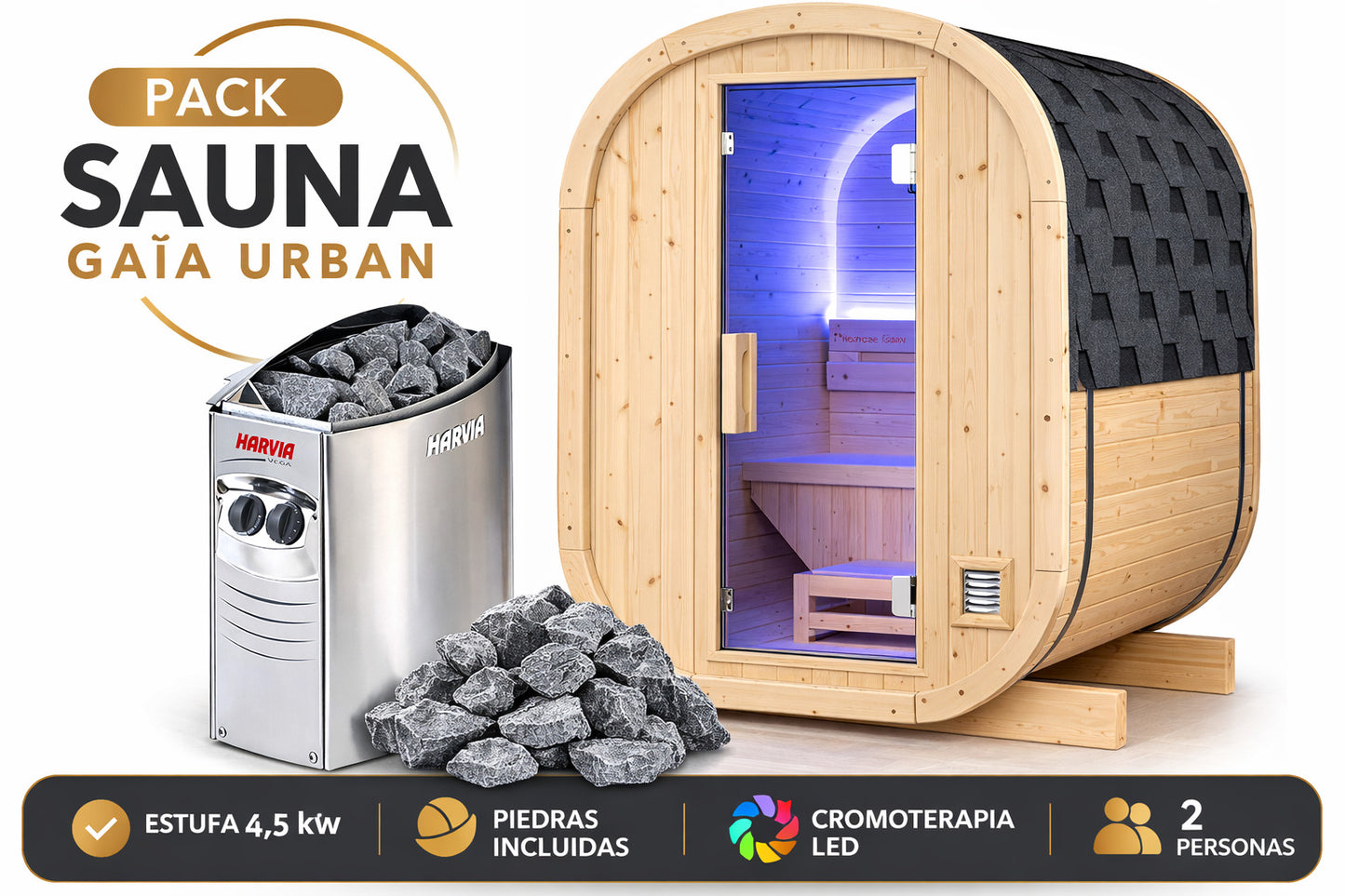 Sauna extérieur bois Gaïa Urban 2 places jardin avec poêle 4,5 kW