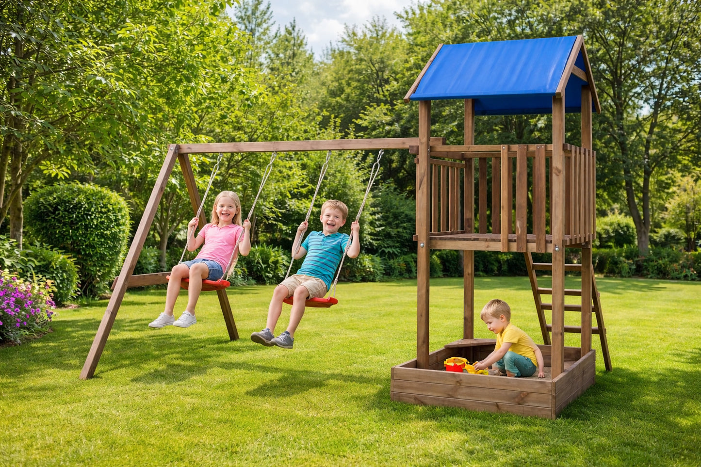 Aire de jeux extérieure avec balançoires et bac à sable pour jardin