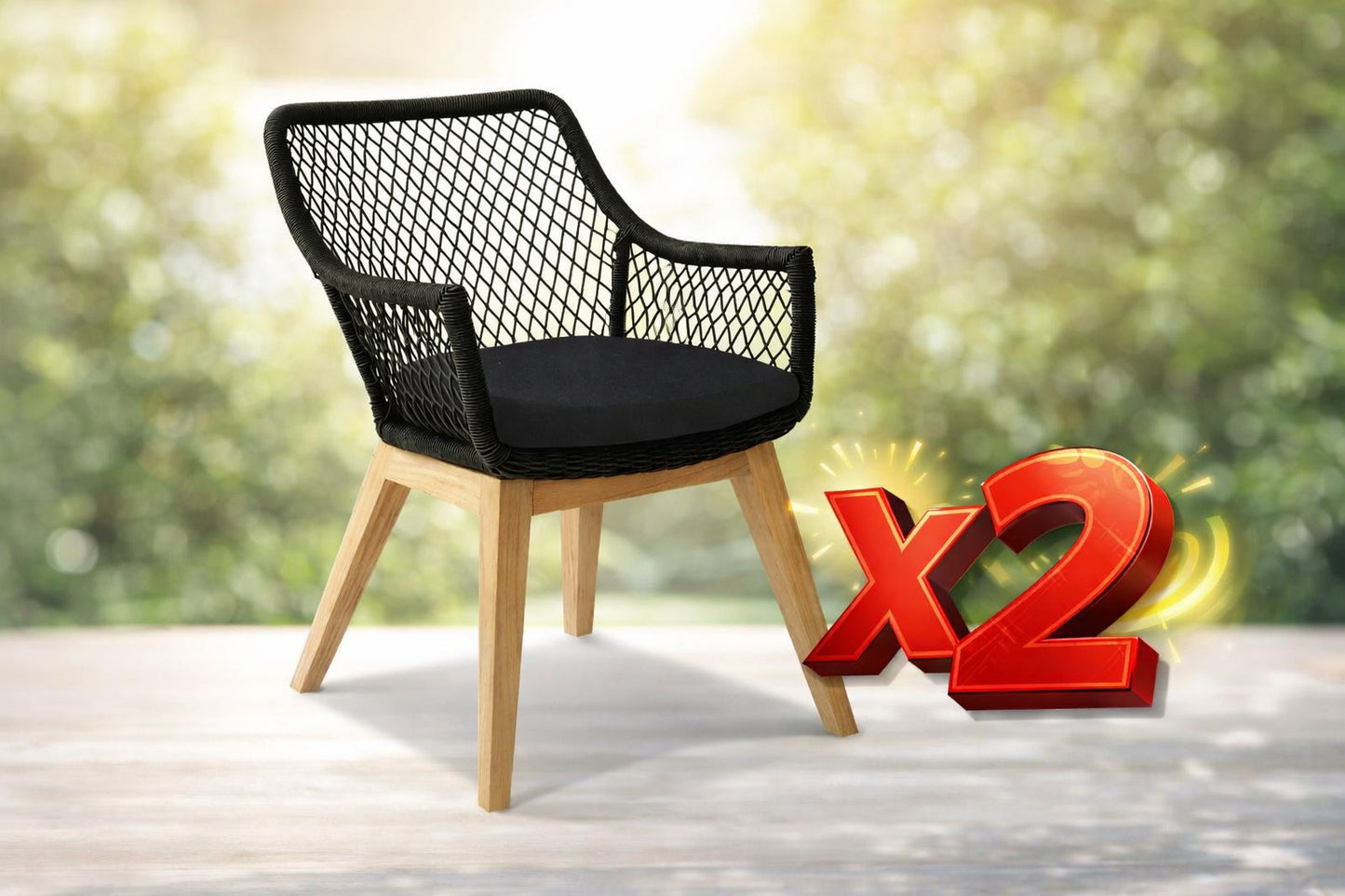 Chaise de jardin extérieur lot de 2 avec coussin noir résistante