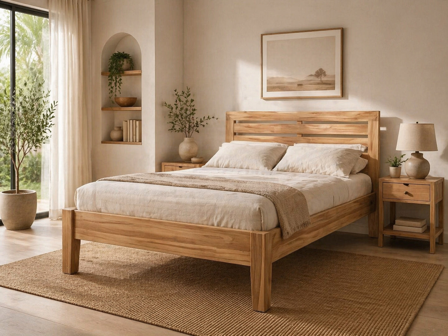 Lit teck massif 160x200 design élégant solide durable confort