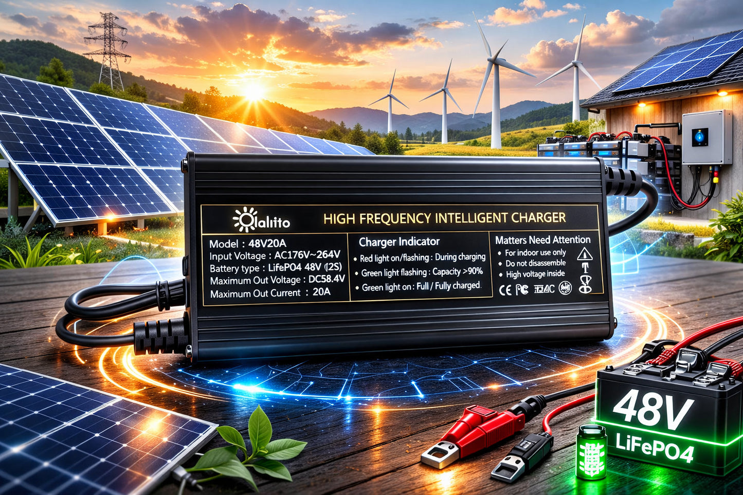 Chargeur Lithium 48V 20A LiFePO4 58,4V Énergie solaire et stockage