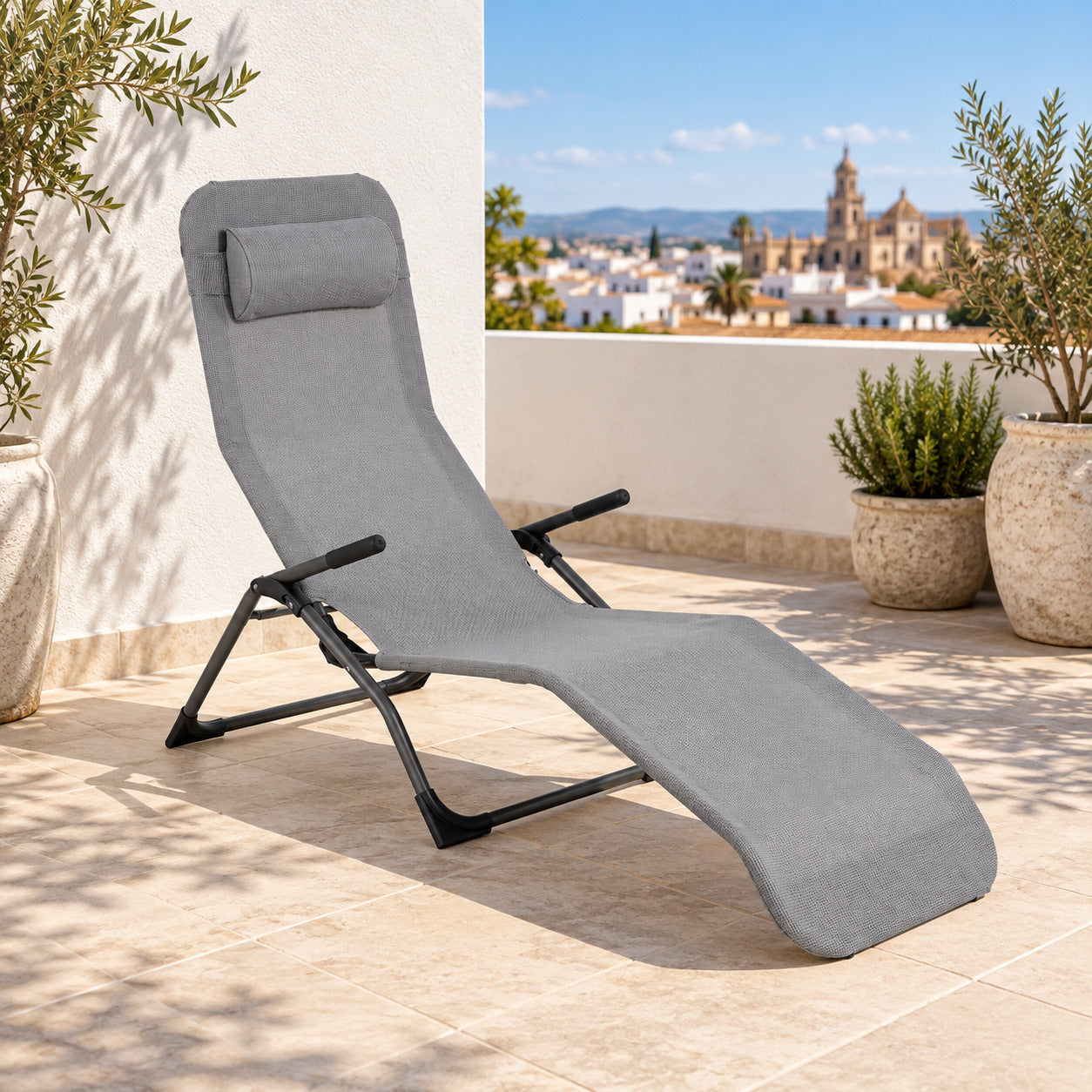 Bain de soleil pliant en aluminium gris avec appui-tête