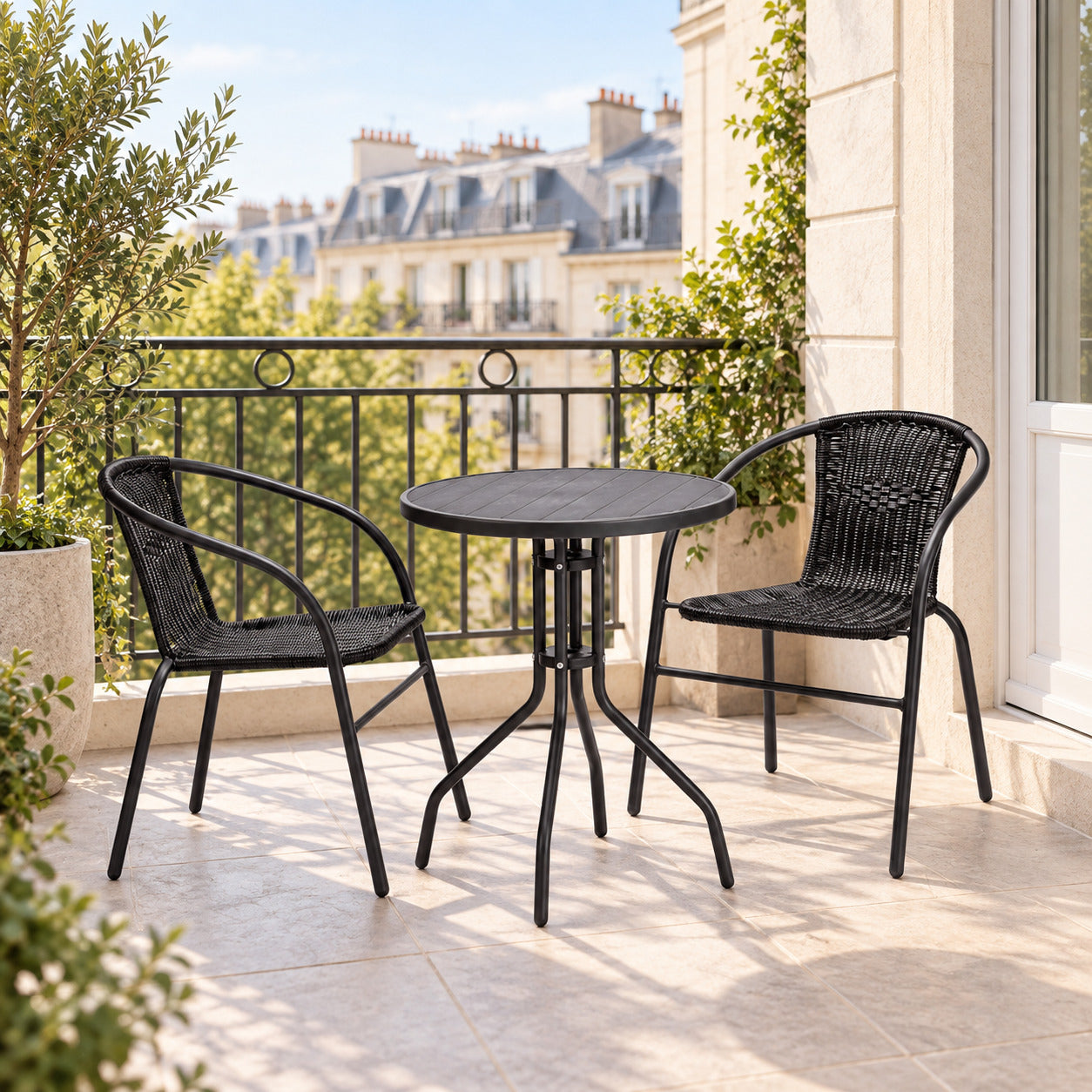 Salon de balcon Lydia noir 2 personnes avec table ronde et 2 chaises