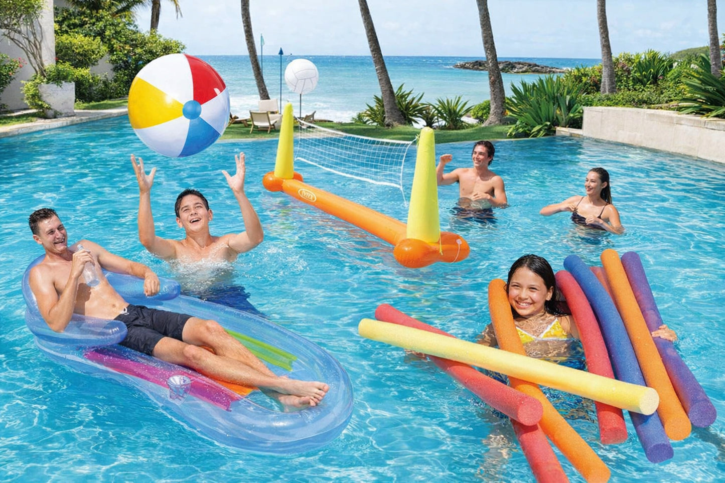 Kit Jeux Piscine 5 en 1 avec Filet Volleyball, Matelas Gonflable et Ballons de Plage