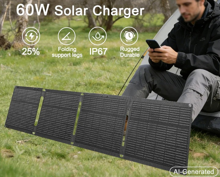 Panneau solaire portable pliable 60W, IP67, rendement 25 %, USB-C 45 W