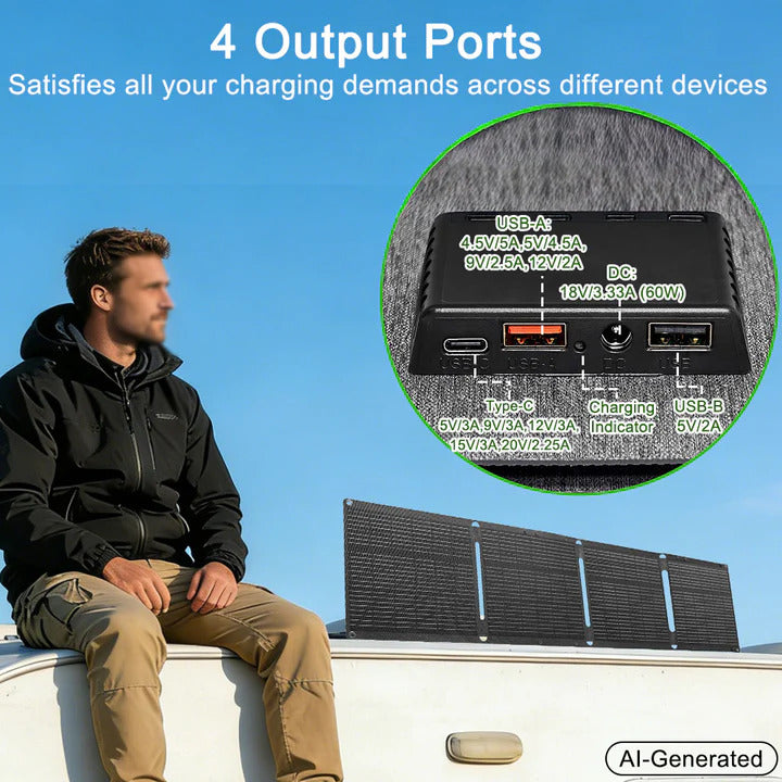 Panneau solaire portable pliable 60W, IP67, rendement 25 %, USB-C 45 W