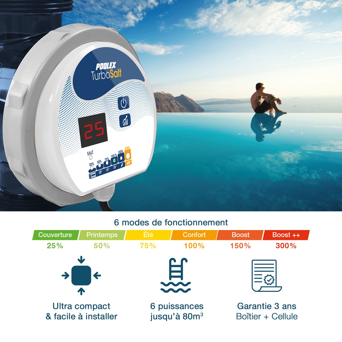 Turbo Salt 100 Electrolyseur salin pour piscine jusqu'à 10m3 fonctionnement