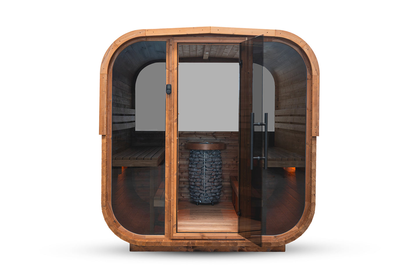 Sauna extérieur 4-6 personnes avec façade vitrée et éclairage LED