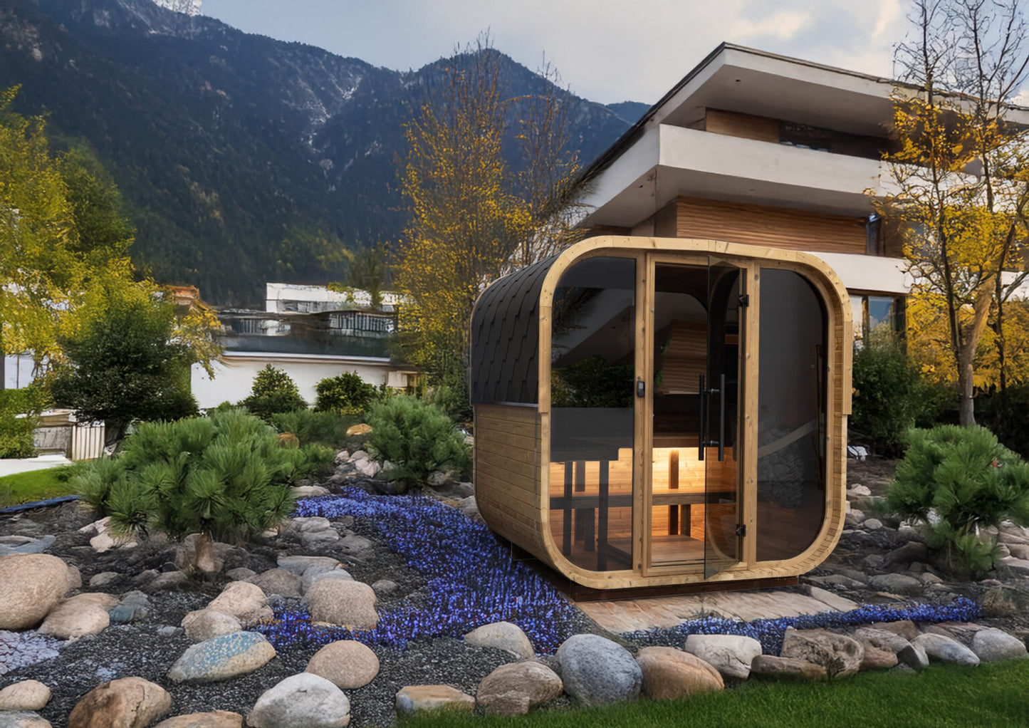 Sauna Extérieur QUADRA X 2-4 Personnes Façade Vitrée LED Jardin