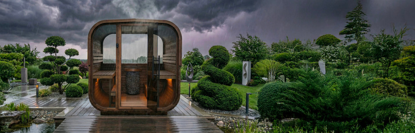 Sauna extérieur 4-6 personnes avec façade vitrée et éclairage LED