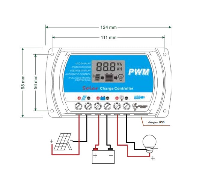 Régulateur de charge solaire PWM d'une capacité de 20 12/24 V