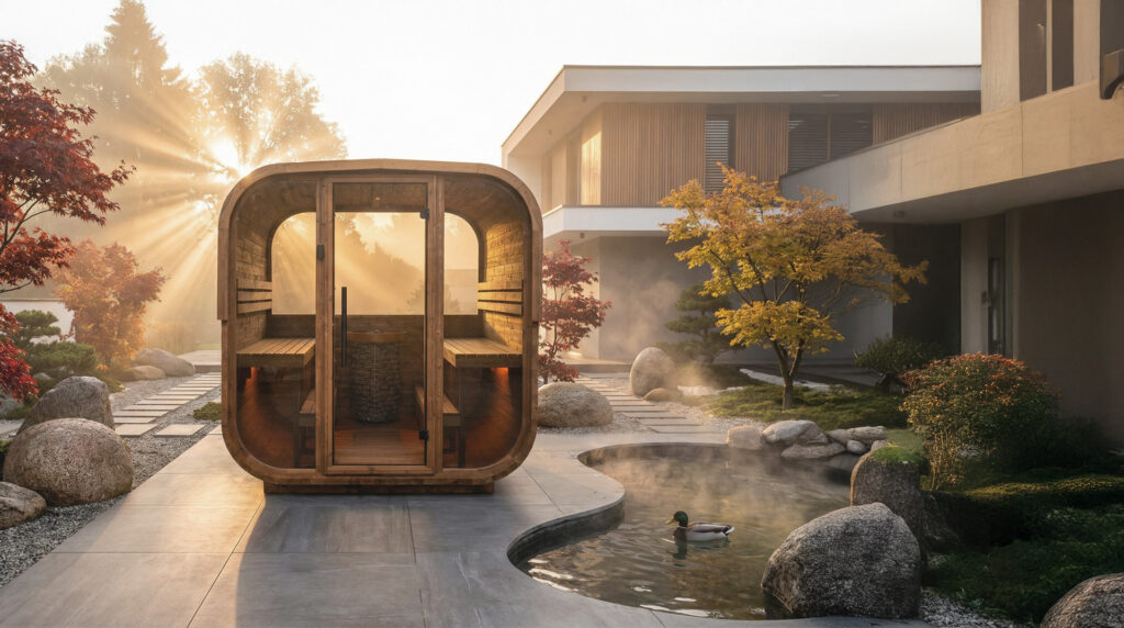 Sauna extérieur 4-6 personnes avec façade vitrée et éclairage LED