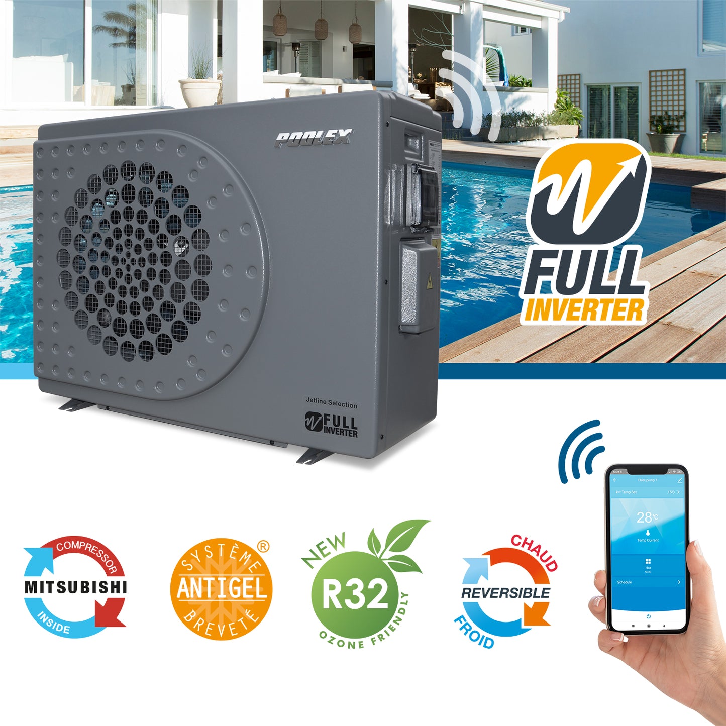 Pompe à chaleur Jetline Selection Full Inverter 75 pour chauffer des piscines à 45 m3.